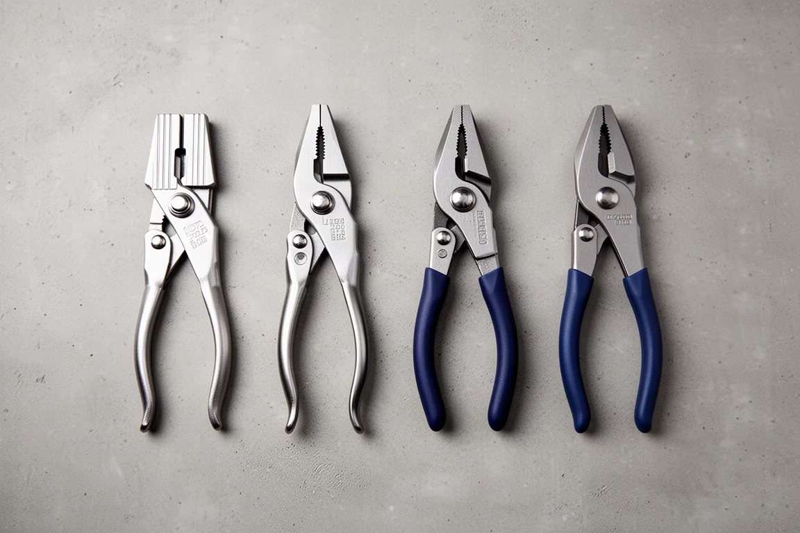 Several pairs of pliers laid out side by side for comparison