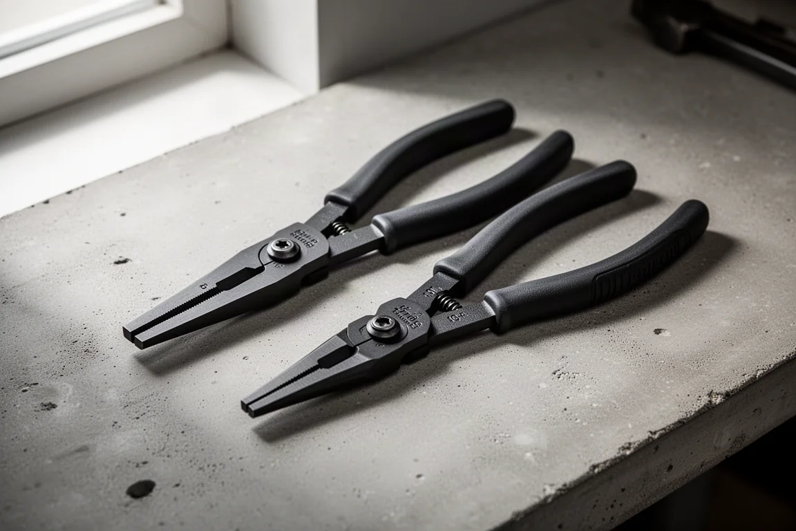 Two Channellock Speed Grip pliers with straight jaws and molded grips on a concrete surface