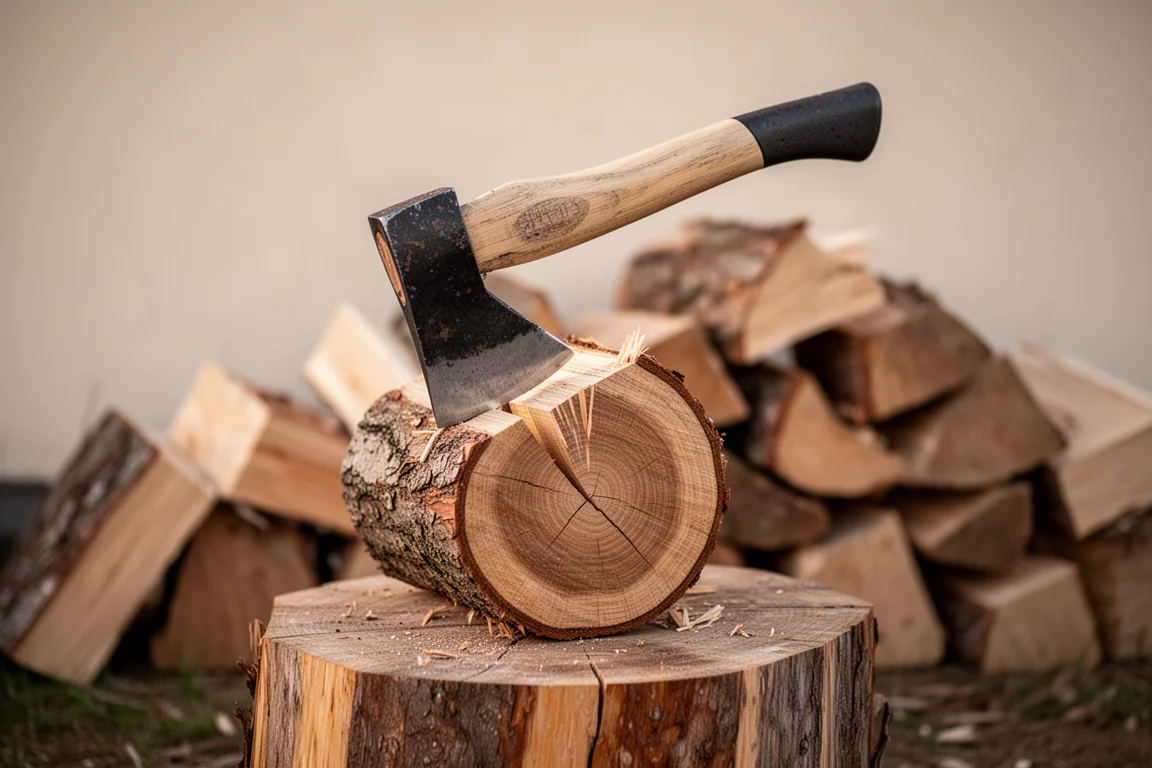 Split axe embedded in a round of firewood on a chopping block
