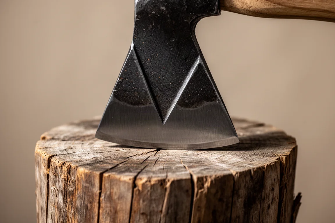 Close-up of a triangular splitting axe head resting on a wooden stump