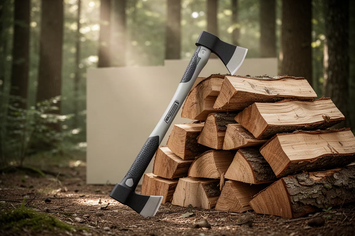 Long felling-style axe leaning against a stack of split firewood