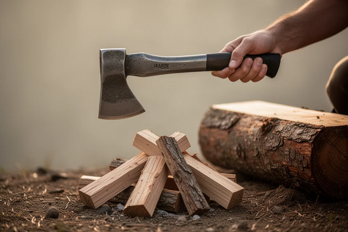 Short camp-style splitting axe held one-handed over a campfire wood pile