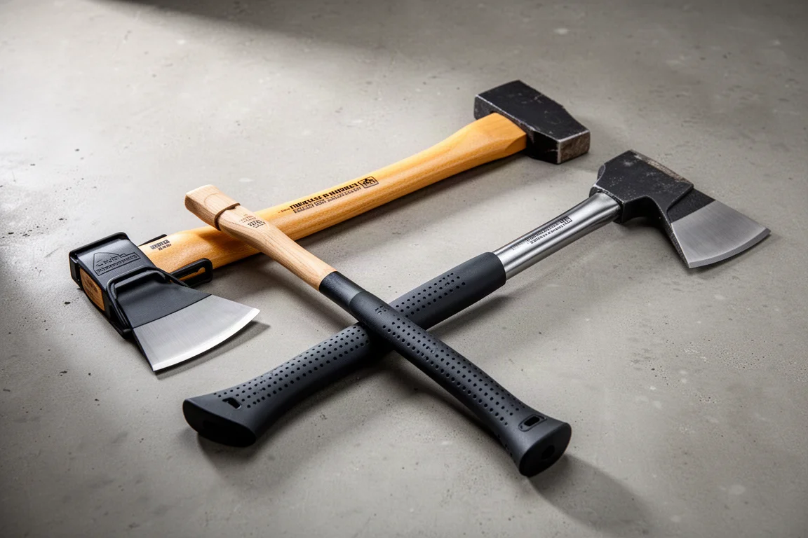 Two splitting axes with different handle designs laid on a concrete surface