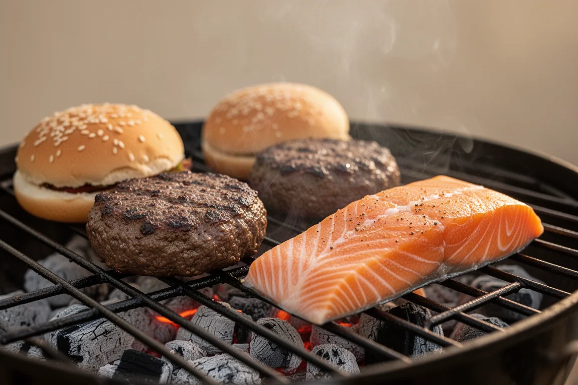 Hamburguesas y filetes de salmón cocinándose en una parrilla caliente