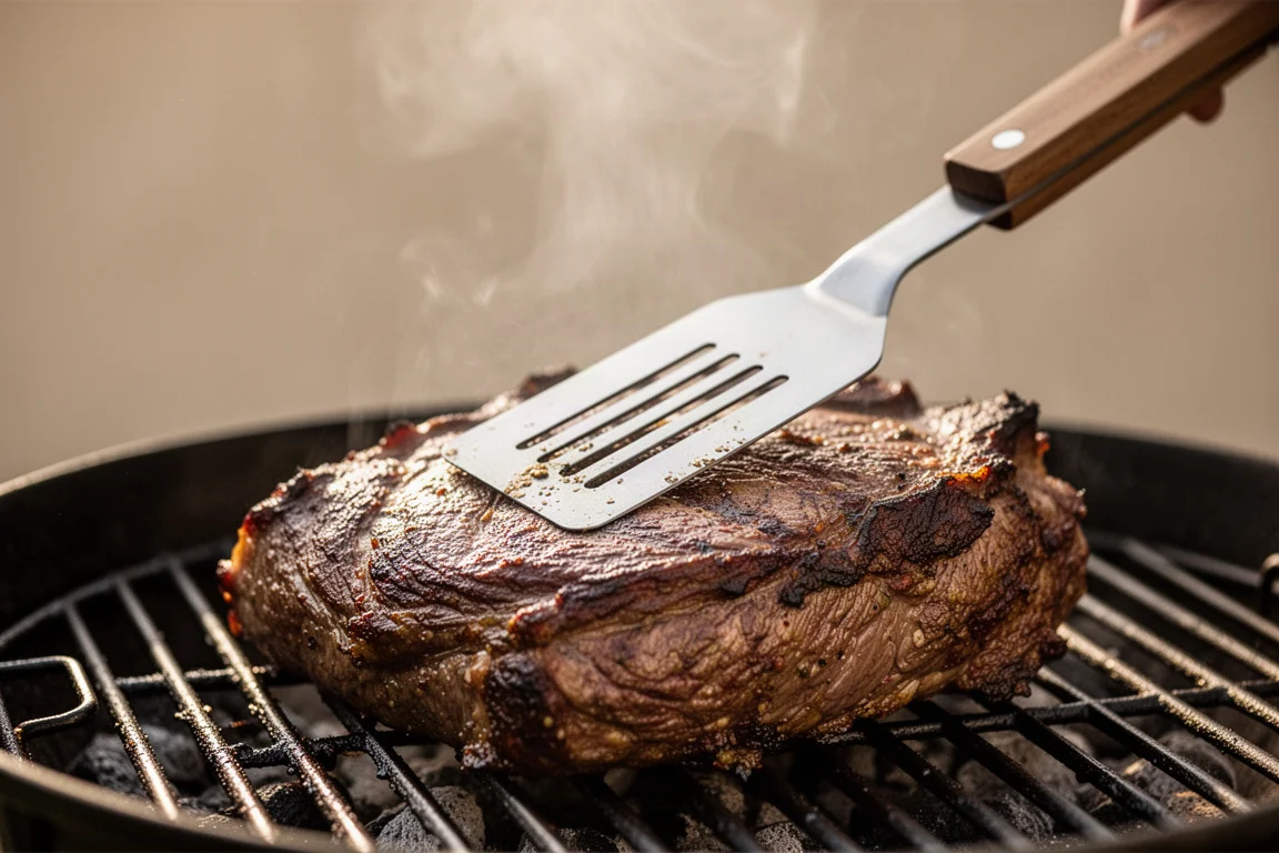 Una espátula resistente levantando un corte asado pesado en la parrilla