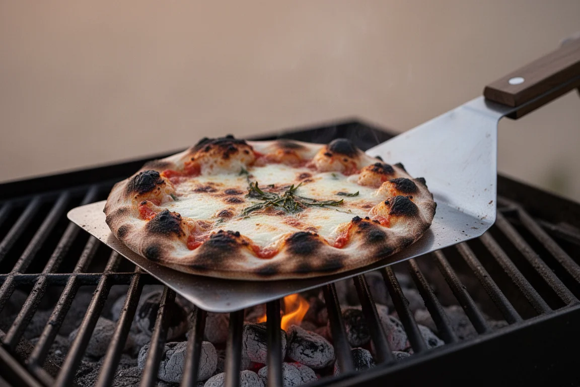 Pizza a la parrilla levantándose de la parrilla caliente con una espátula