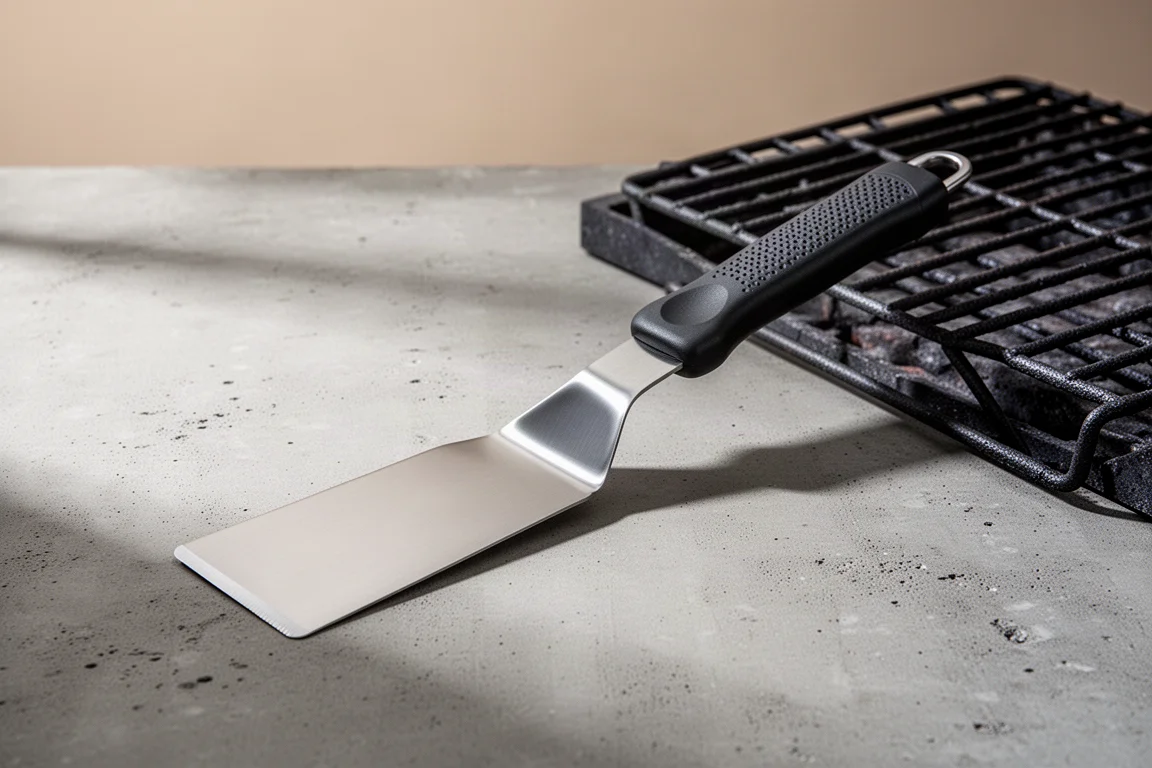 Stainless steel grill spatula with black grip handle beside a grill grate