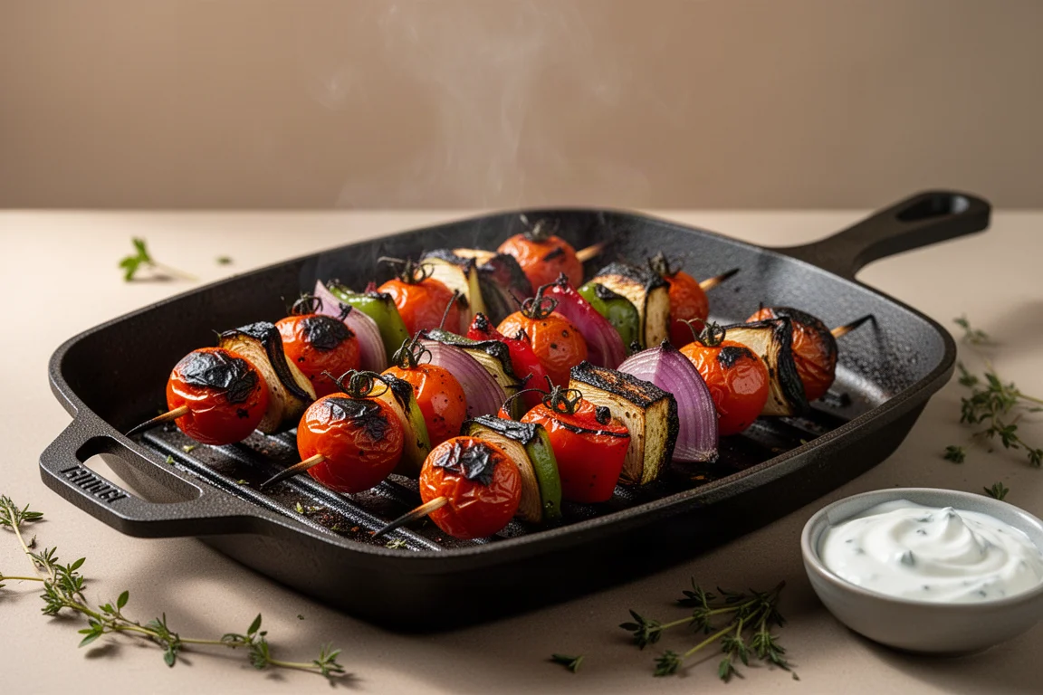 Grilled vegetable skewers with charred edges resting on a grill pan