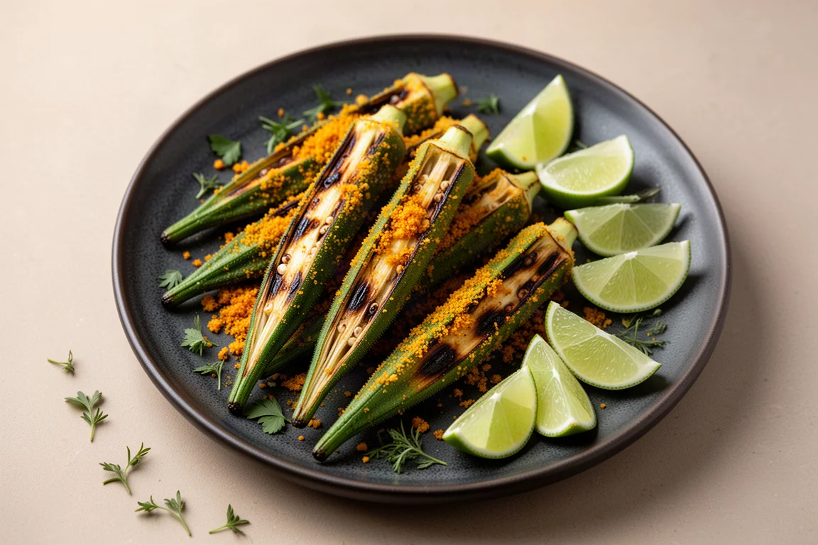 Grilled okra and spiced crumbs on a dark ceramic plate
