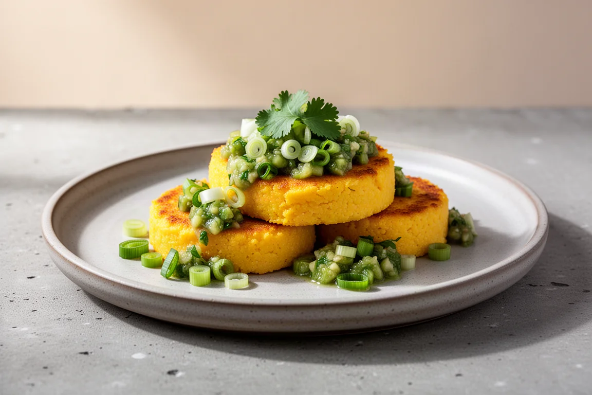 Sweet corn polenta cakes topped with fresh green salsa