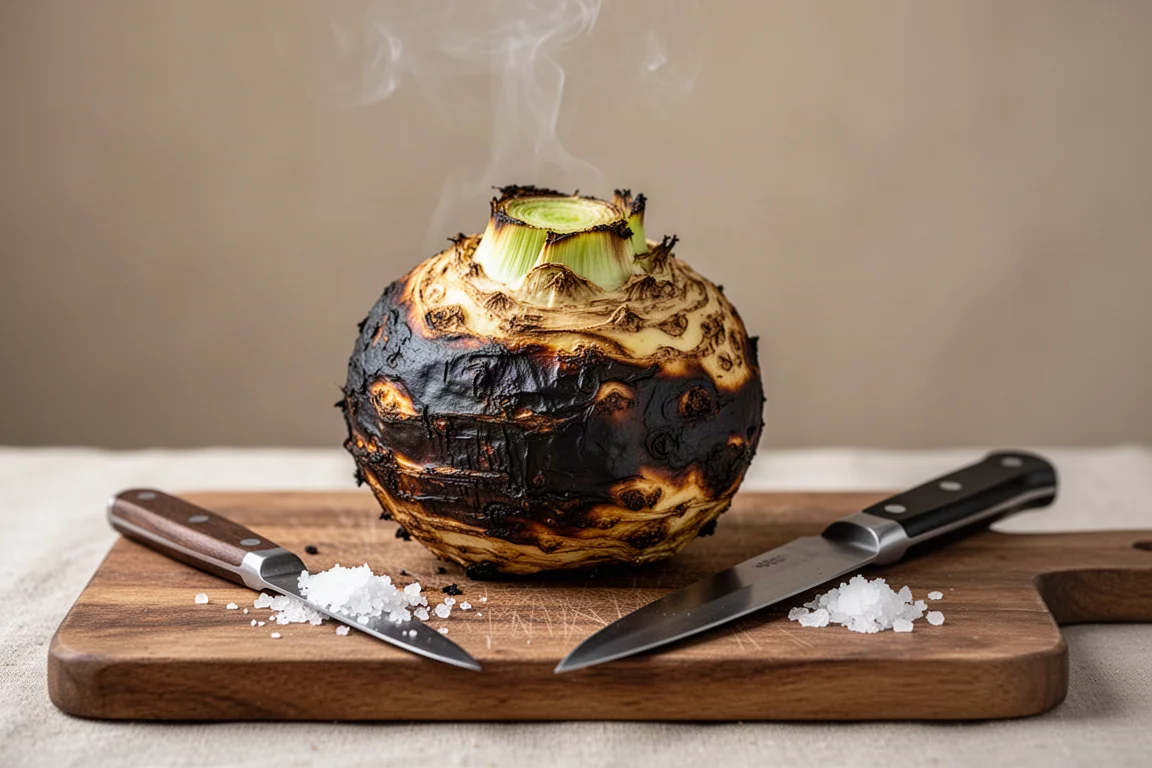 Smoked whole celeriac fresh off the grill with scorched exterior