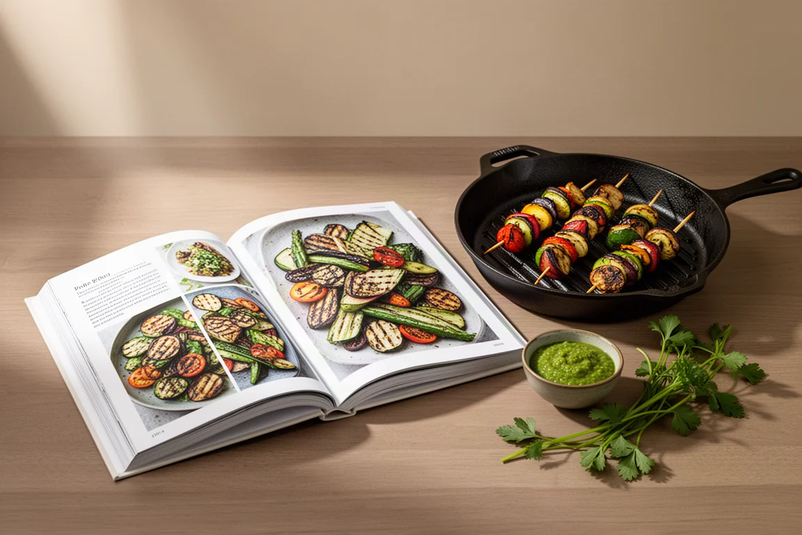 Open cookbook beside a grill pan with charred vegetable skewers and green salsa