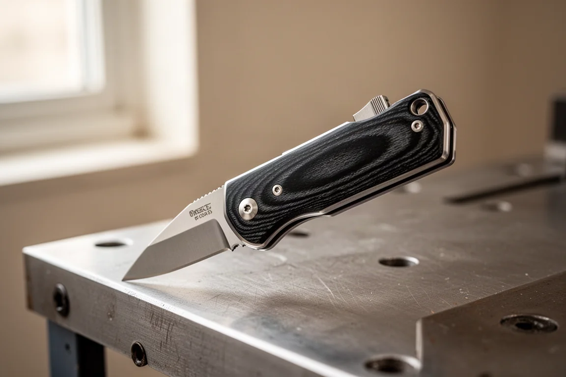 Svart micarta-brukskniv med flipperflik vilande på ett borstat stål Arbetsbänk
