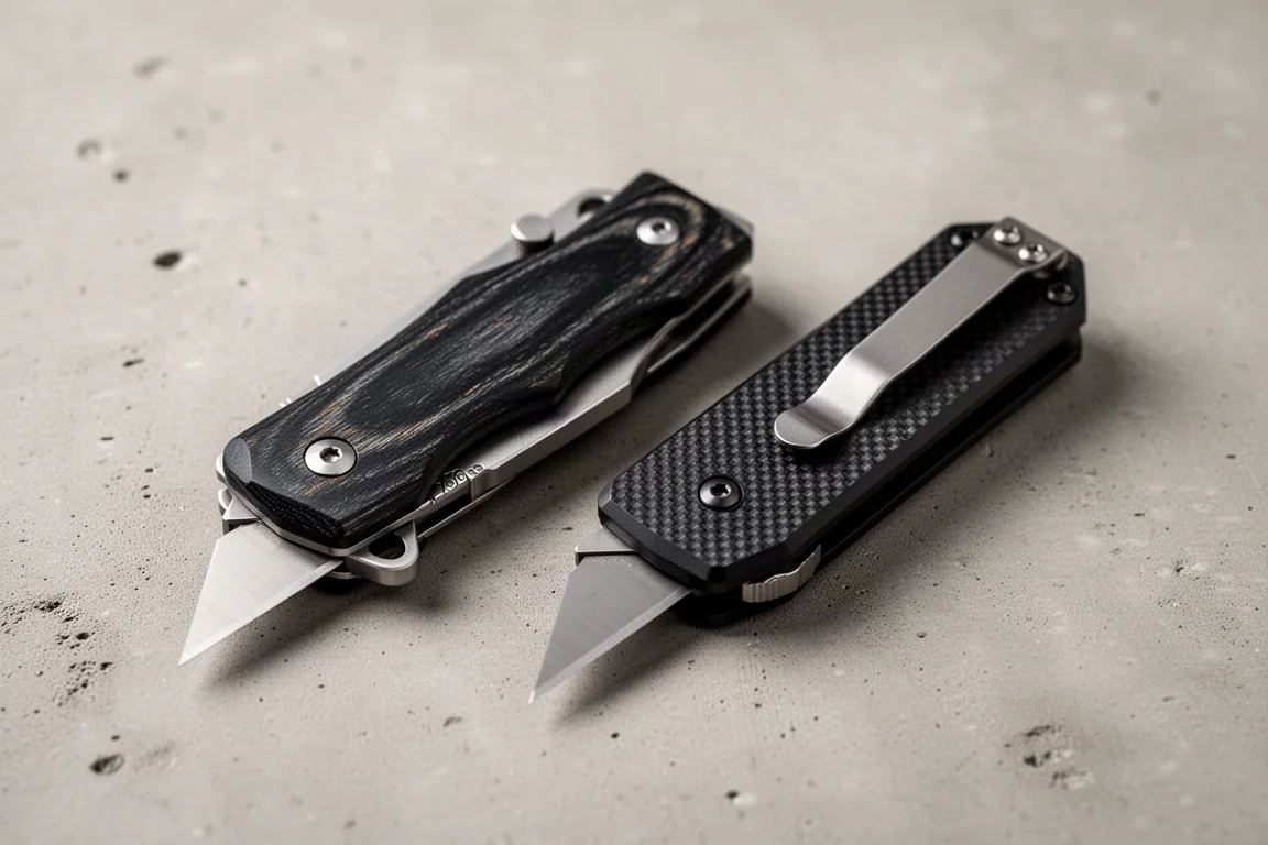 Chavez Chub Flipper und Chub OTF Utility-Messer nebeneinander auf Beton