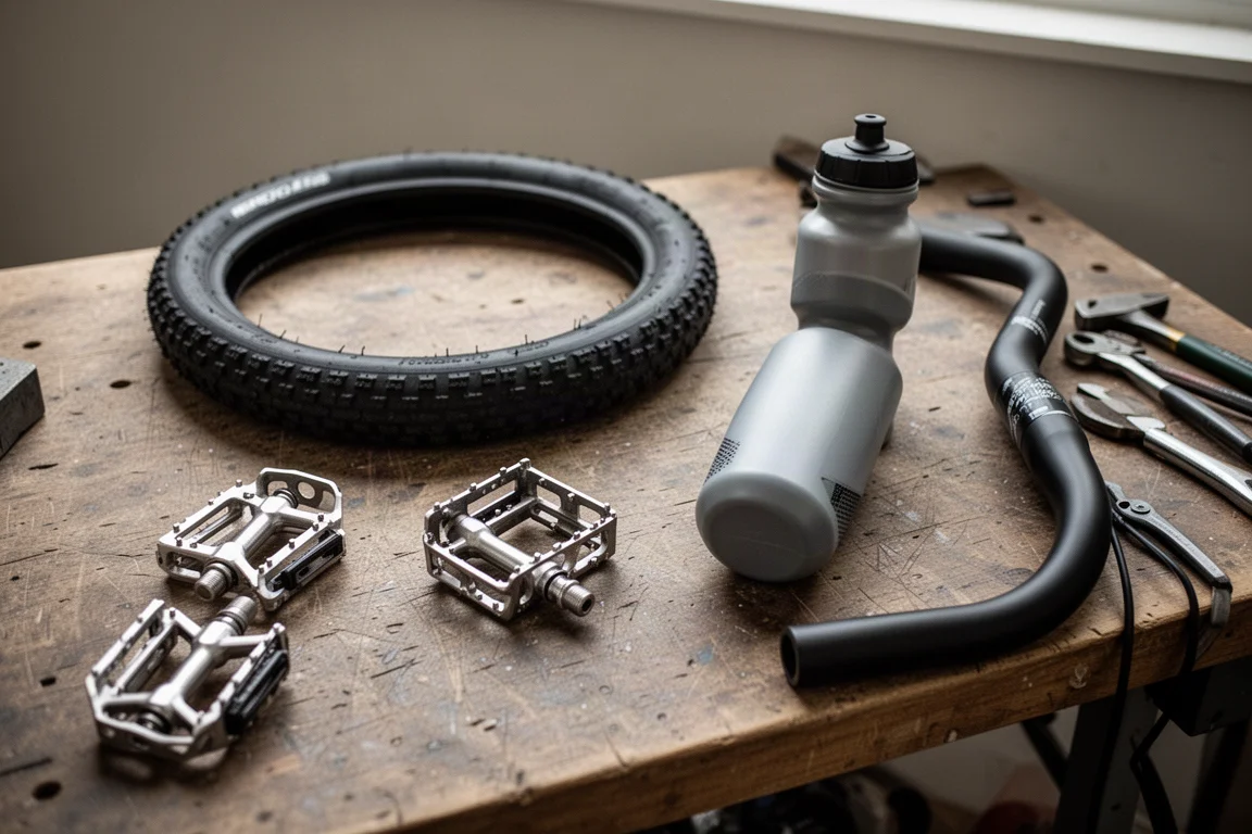 Flat-Lay von günstigen Fahrrad-Essentials inklusive Trinkflasche, Reifen, Multi-Tool und Satteltasche