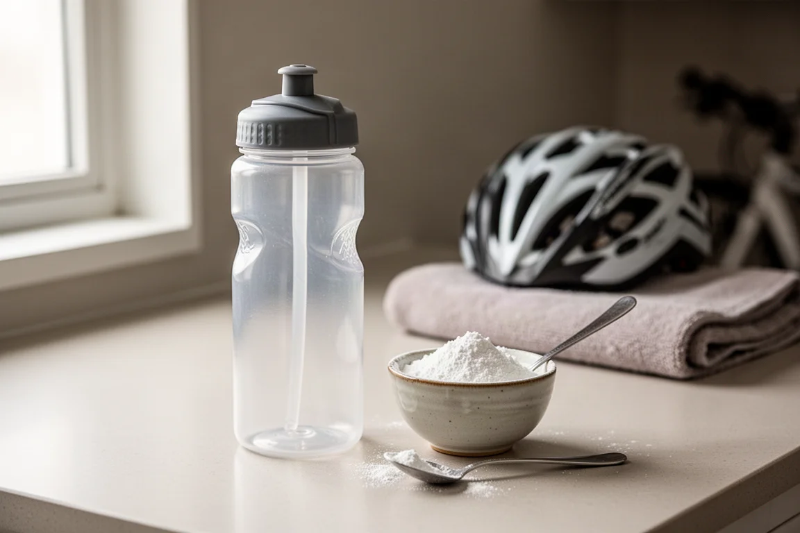 Klare Fahrradflasche mit trübem Kohlenhydratgetränk neben einer Portion Pulver