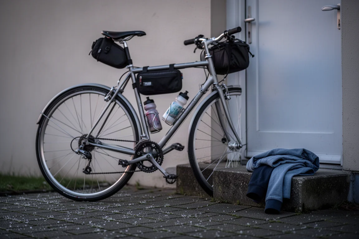 Radfahrer auf einem Rennrad auf einer Landstraße im Licht des späten Nachmittags