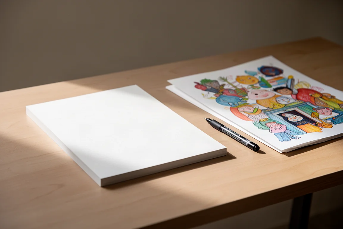 Bloc de papier bristol A5 et une illustration posés sur un bureau à côté d'un stylo Micron