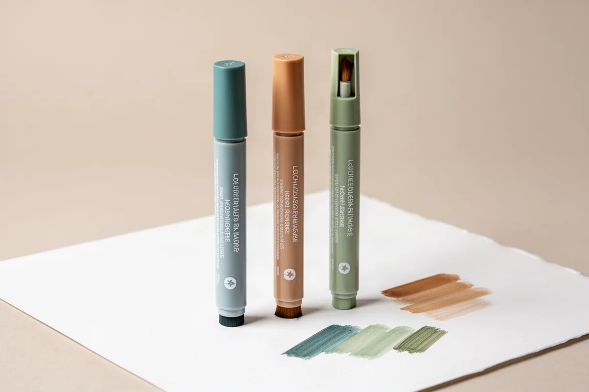 Trois marqueurs à alcool pinceau en turquoise, beige et vert alignés sur du papier