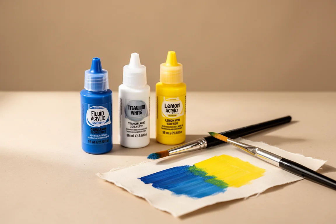 Petits flacons d'acrylique liquide avec un pinceau biseauté sur une table de travail