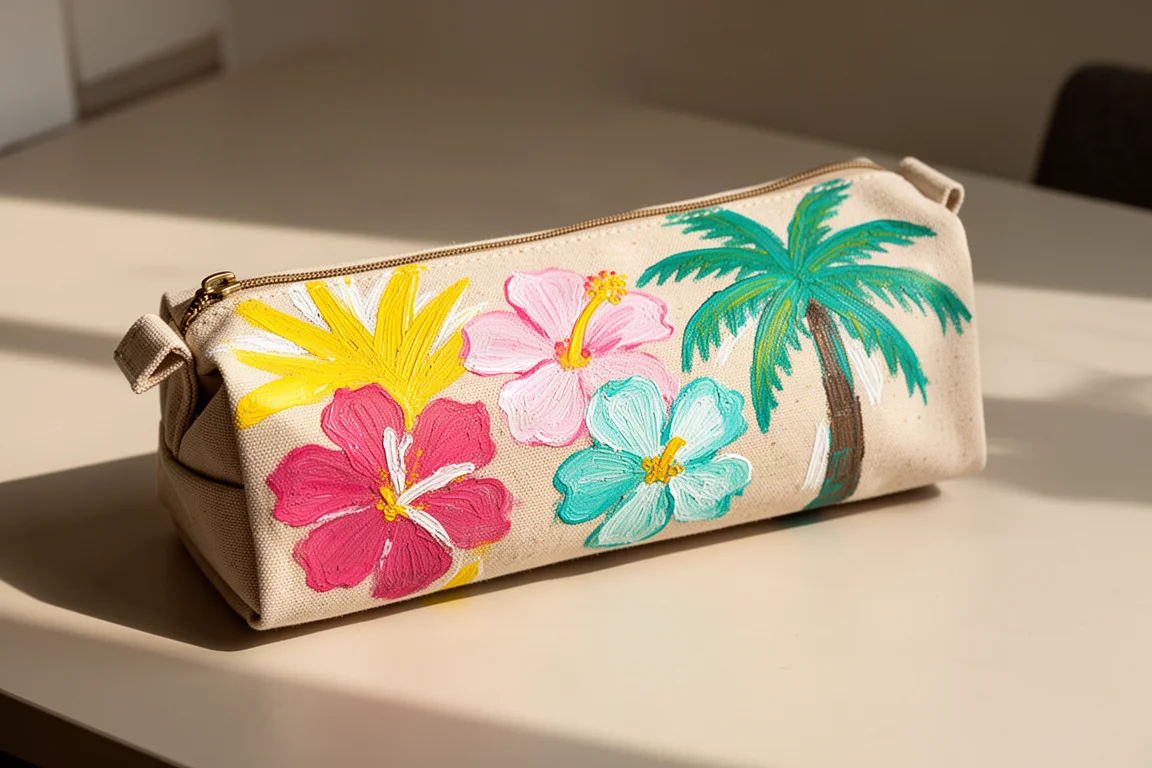 Trousse en toile avec des illustrations de marqueurs audacieuses posée sur un bureau ensoleillé