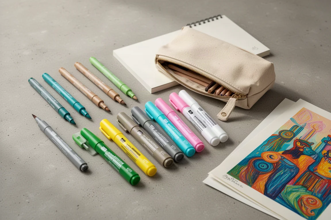 Flat-lay of art markers, paper pad, art print, and pencil case on concrete