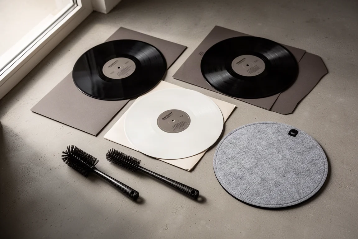 Widok z góry na winylowe płyty, szczotkę do płyt i slipmat na matowym betonie