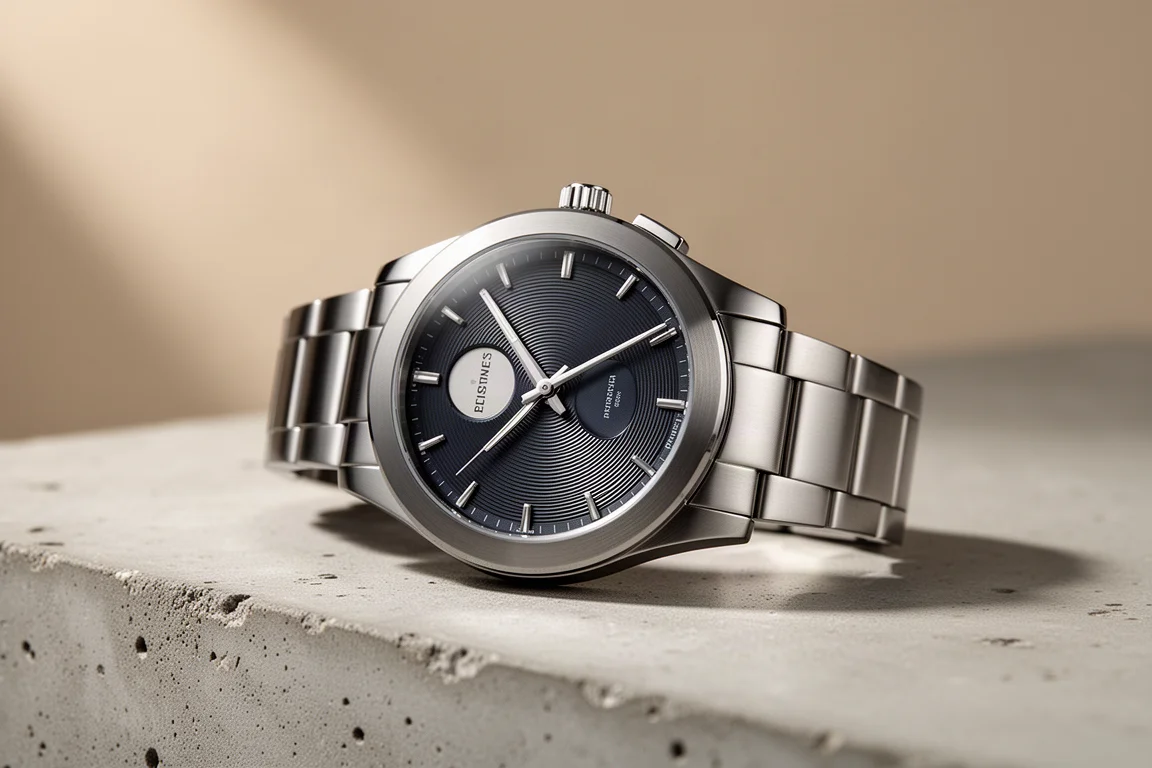 Brushed stainless steel automatic dive watch with a grooved record-style dial on concrete