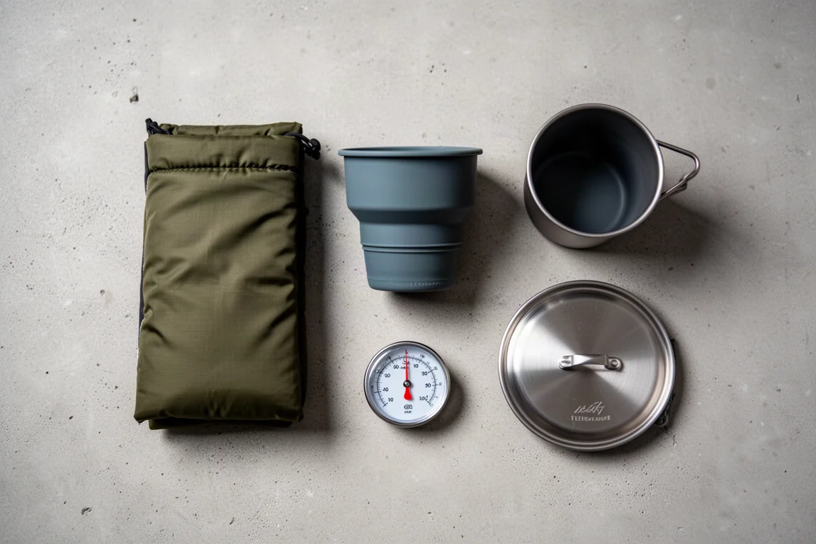 Vue de dessus à plat de petits accessoires de bivouac ultralégers sur une surface en béton