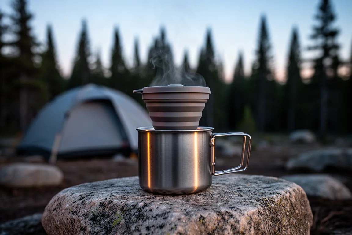 Popote en titane avec une tasse pliable posée dessus en guise de couvercle, vapeur s'élevant à l'aube