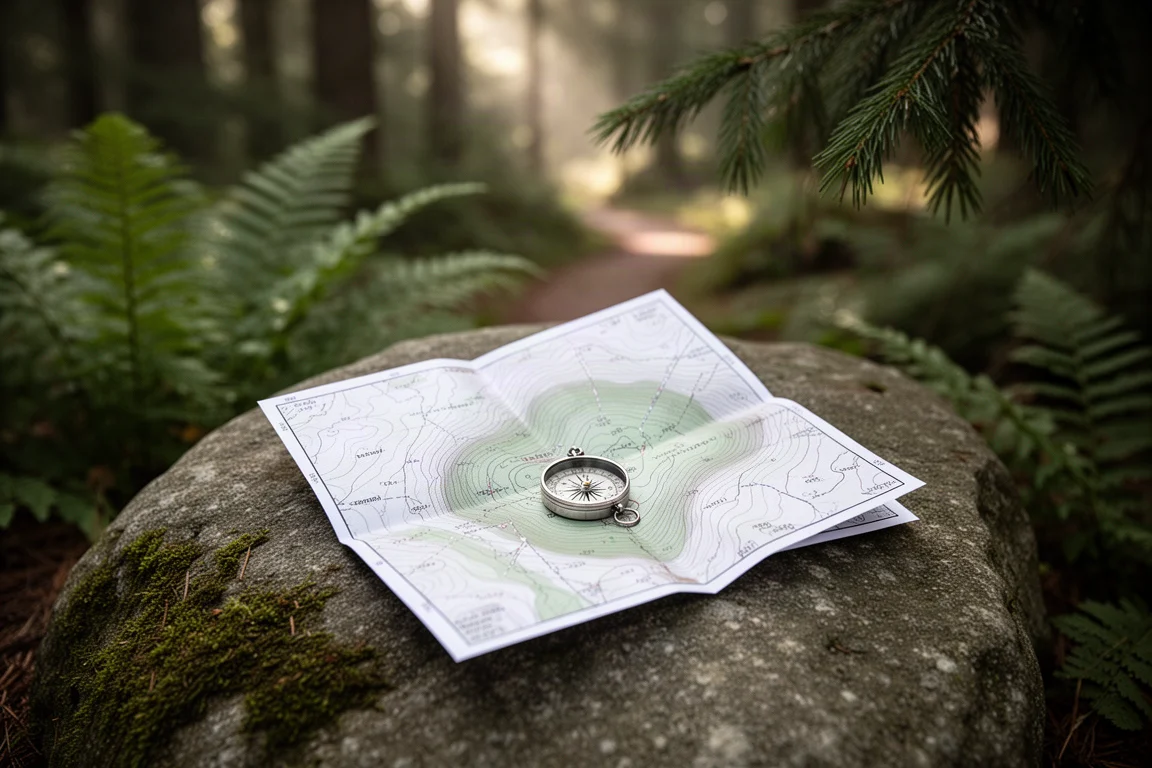 Carte topographique pliée et petite boussole en métal sur un rocher à une intersection de sentier forestier