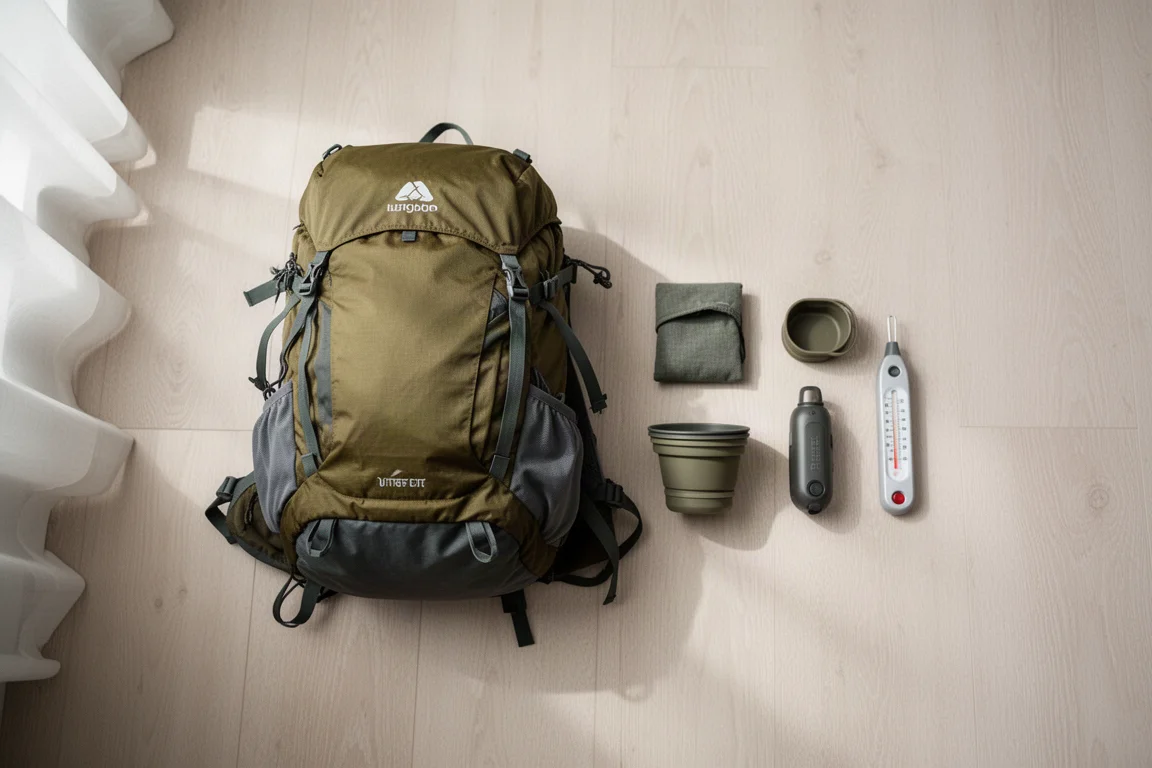 Vue de dessus d'un sac à dos partiellement rempli avec de petits accessoires de bivouac à côté