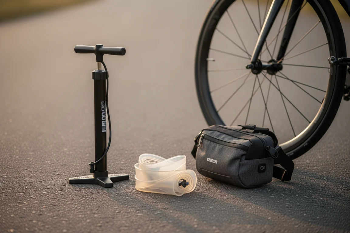 Vloerpomp langs de weg en opgevouwen binnenband naast een fietswiel in het gouden uur