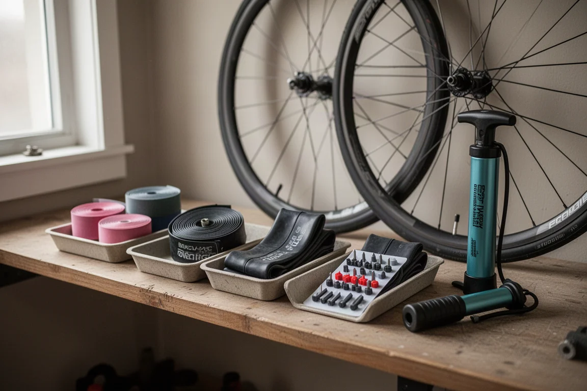 Werkplaatsplank met kleine fietsverbruiksartikelen in bakken en een handpomp