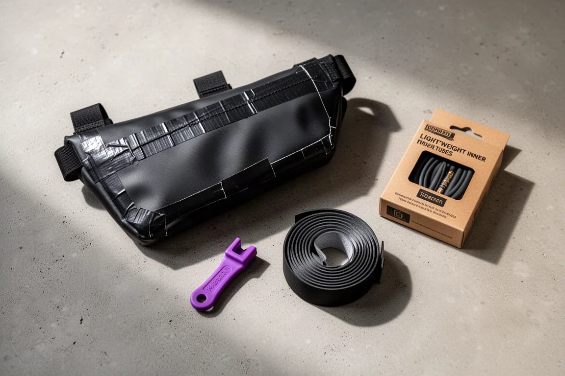 Platt uppställning av ramväska, tubeless-pluggverktyg, styrlinda och slangar på betong