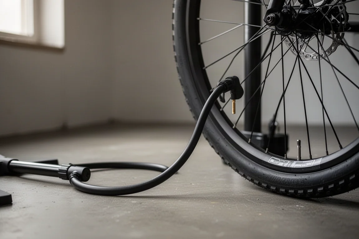Floor pump hose connected to a bicycle wheel valve on a workshop floor