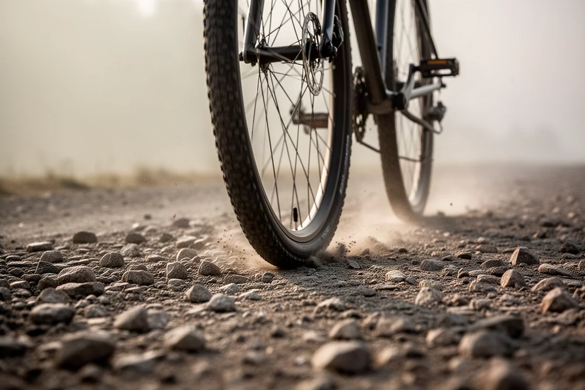 Bicycle tire rolling over rough gravel road in early morning light