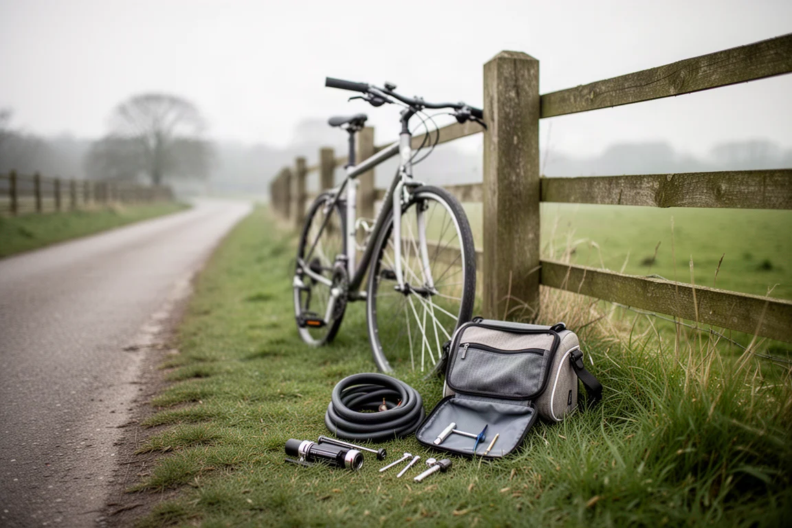 Bicycle leaning on a fence post with inner tube and tools laid on grass