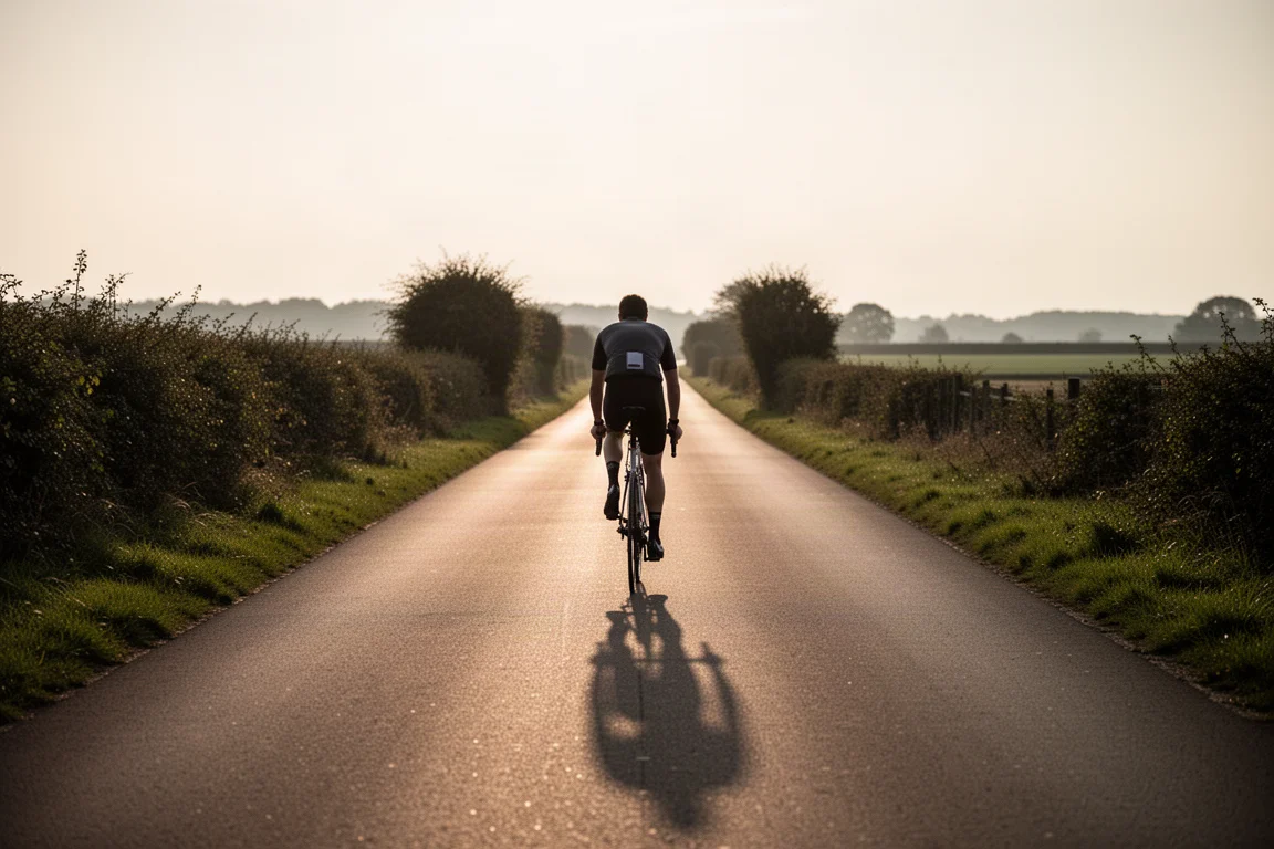 Road cyclist seen from behind on a country lane at golden hour