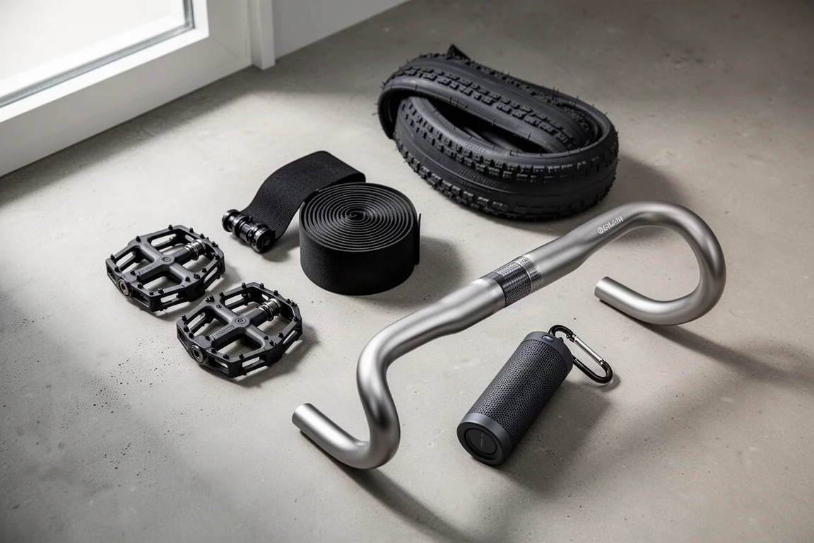 Affordable cycling components arranged on a concrete surface in an overhead flat-lay