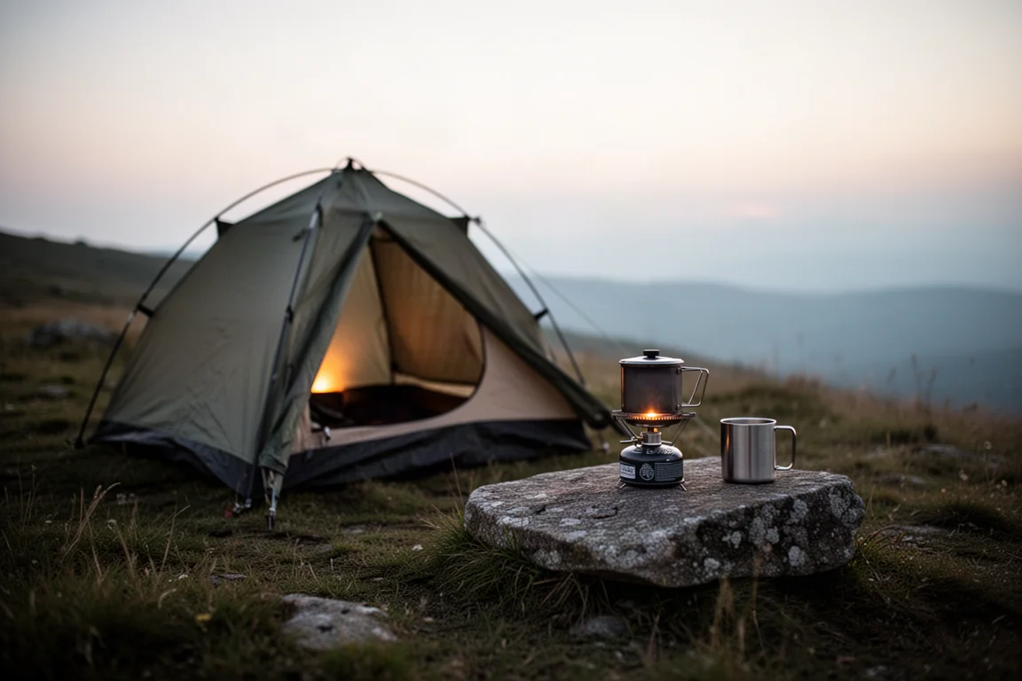 Acampada libre al atardecer con una pequeña tienda, hornillo y taza sobre una roca