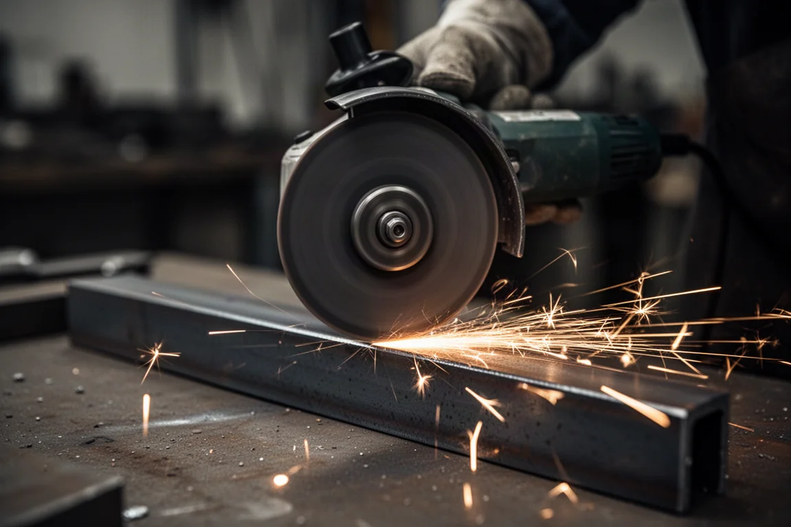 Angle grinder spinning a disc and throwing sparks across a steel workpiece