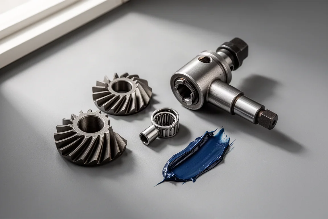 Disassembled grinder gear head showing gears, bearings, and grease