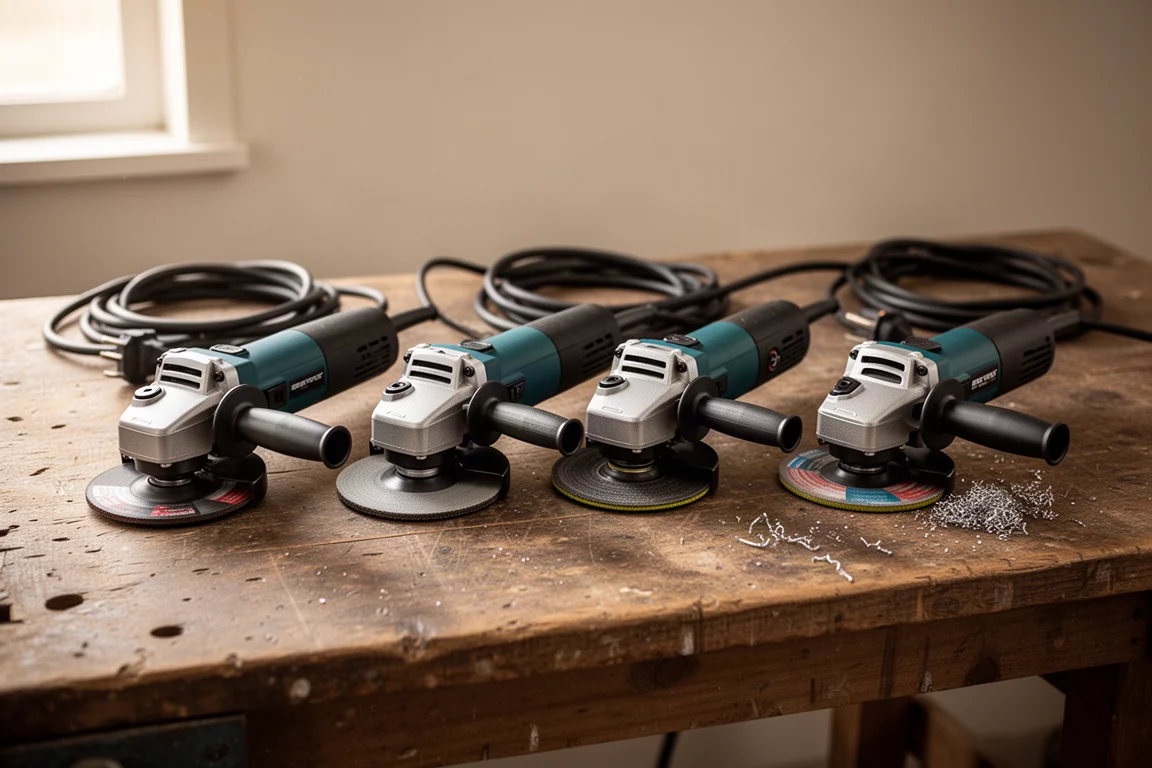 Bargain angle grinders lined up on a workbench beside grinding discs