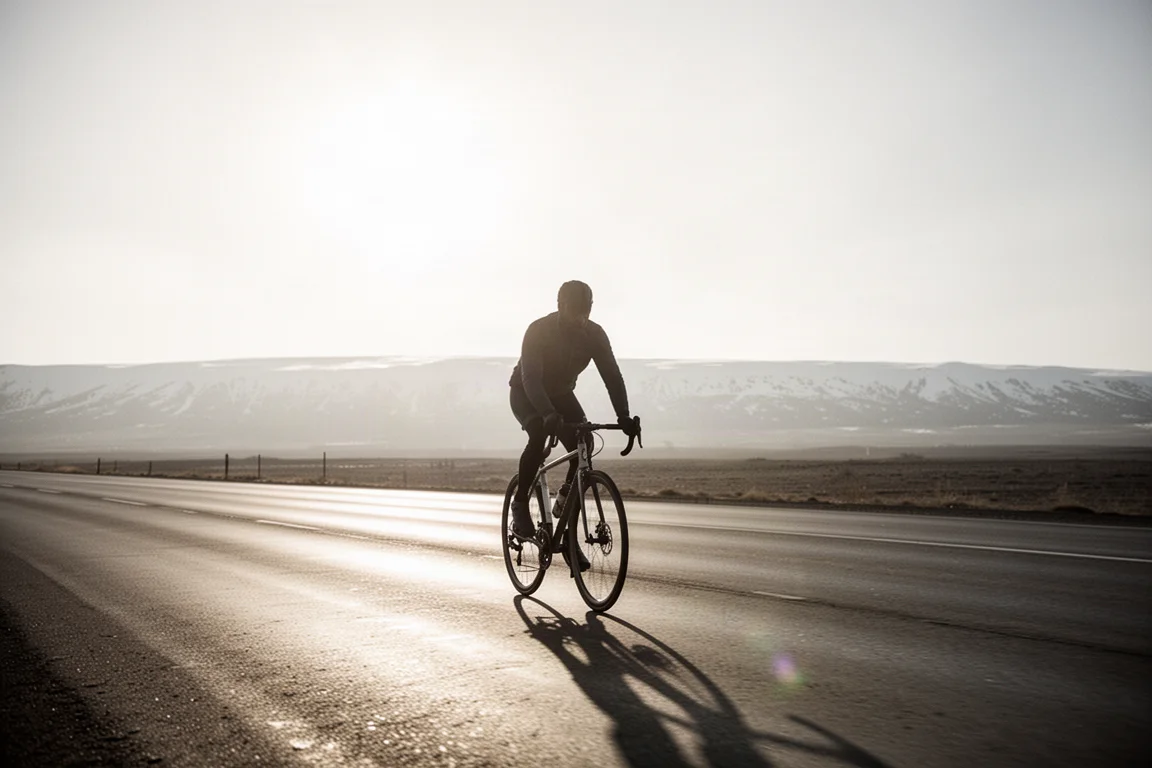 Ciclista che pedala verso una luce solare intensa e bassa su una strada aperta con riflessi sull'asfalto