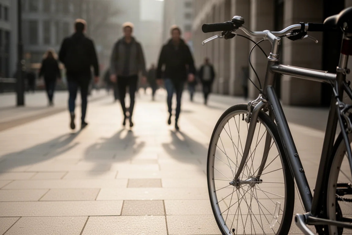 Pedoni sfocati su una pista ciclabile condivisa in città davanti alla ruota anteriore di una bici