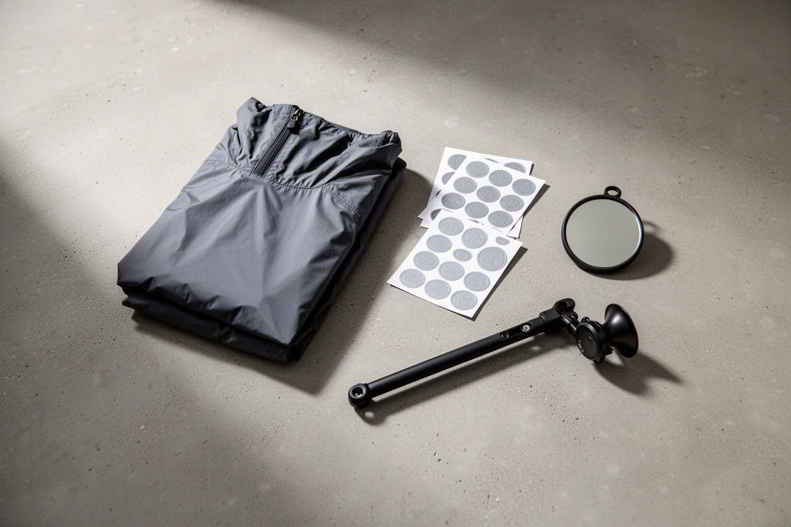 Flat lay dall'alto di piccoli accessori da ciclismo su una superficie di cemento opaco