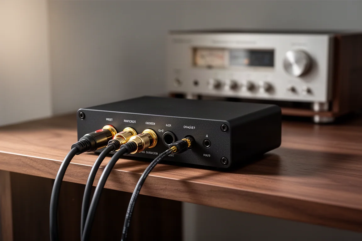 Mały konwerter audio z kablami na półce obok zabytkowego amplitunera