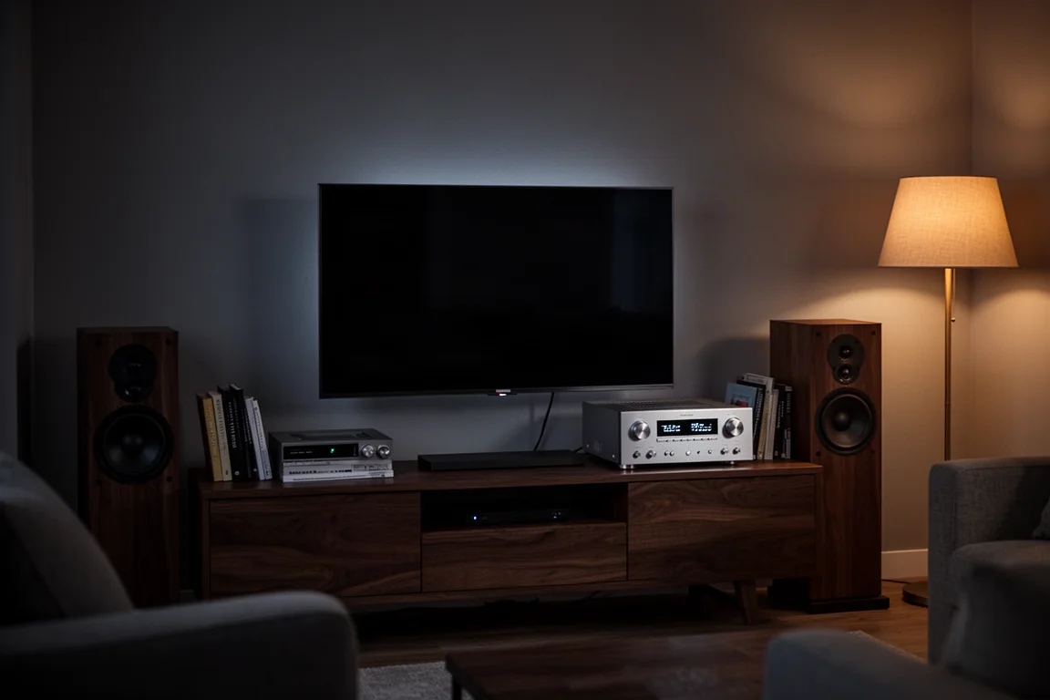 Telewizor i zabytkowy amplituner stereo w salonie podczas wieczoru filmowego