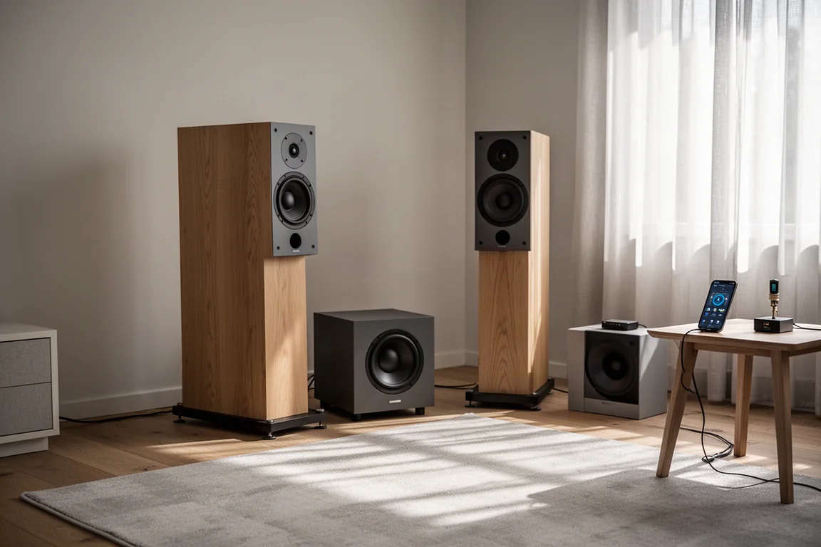 Pokój odsłuchowy z subwooferem i głośnikami dostrajany pod korekcję akustyki pomieszczenia